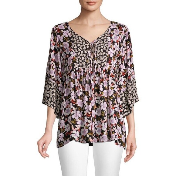 Johnny Was Jade Ameesha Floral Peasant Tie Front Tunic Top Size XS Boho Shirt - Picture 1 of 9